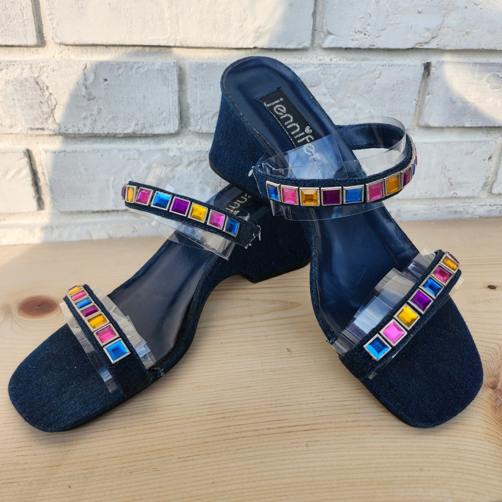 Vintage Y2K Jennifer Denim‎ Sandals w/ Rainbow Jewel Straps – Size 9